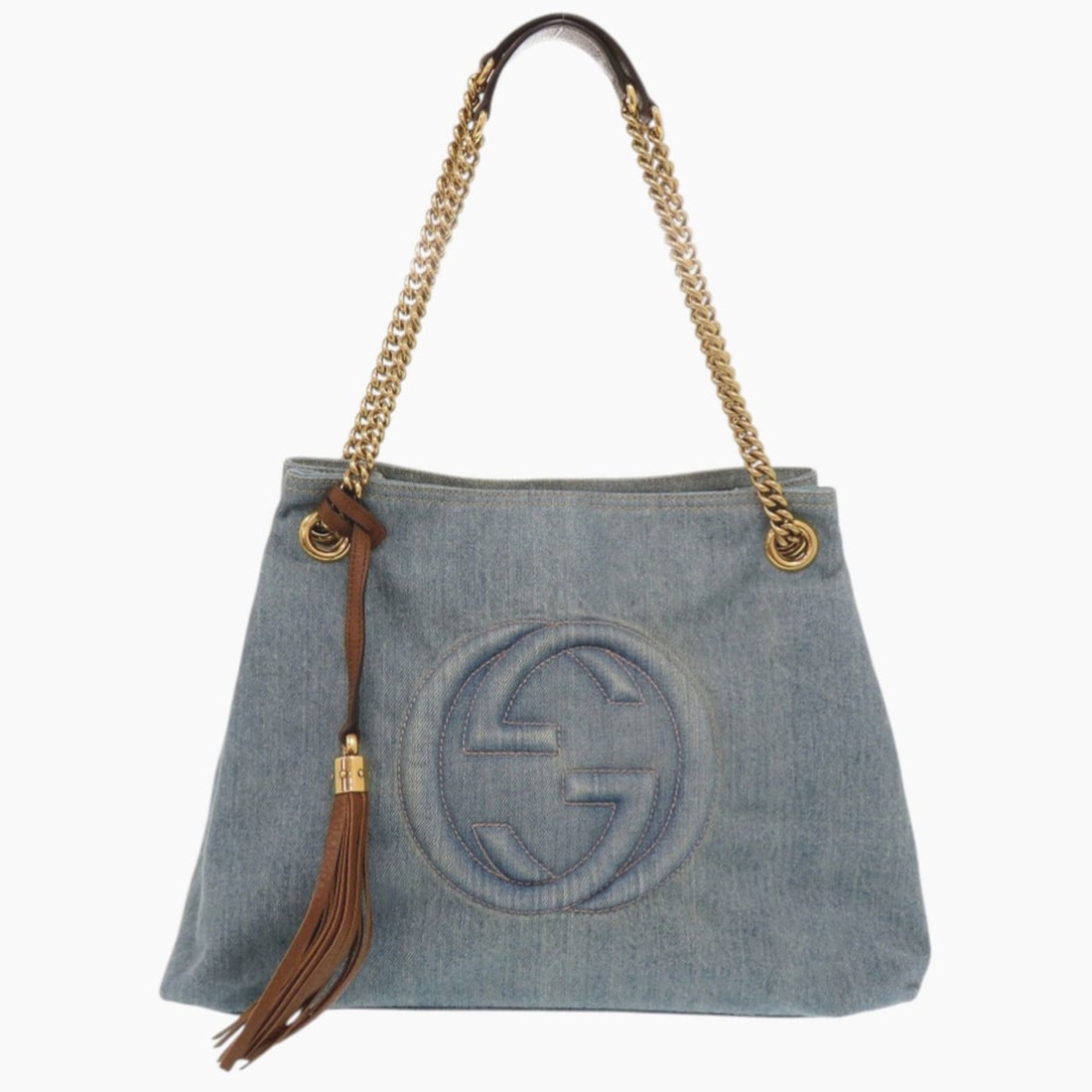 Excellent condition Gucci Soho Interlocking G Chain 308982 Gold Hardware Denim Blue Shoulder Bag: --- Catalog ---Category: DesignType: Shoulder bagColor: Blue, BrownGender: WomenMaterial: Denim Hardware Color: GoldCategory: GeneralMPN: 308982Brand: GucciCountry of Origin: Italy--- Item List ---Sec
