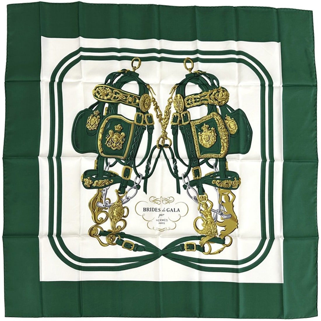 Hermès HERMES Carré 90 Scarf, BRIDES de GALA Ceremonial Bridle, Women's, Silk Green, Horse, (1 of 18)