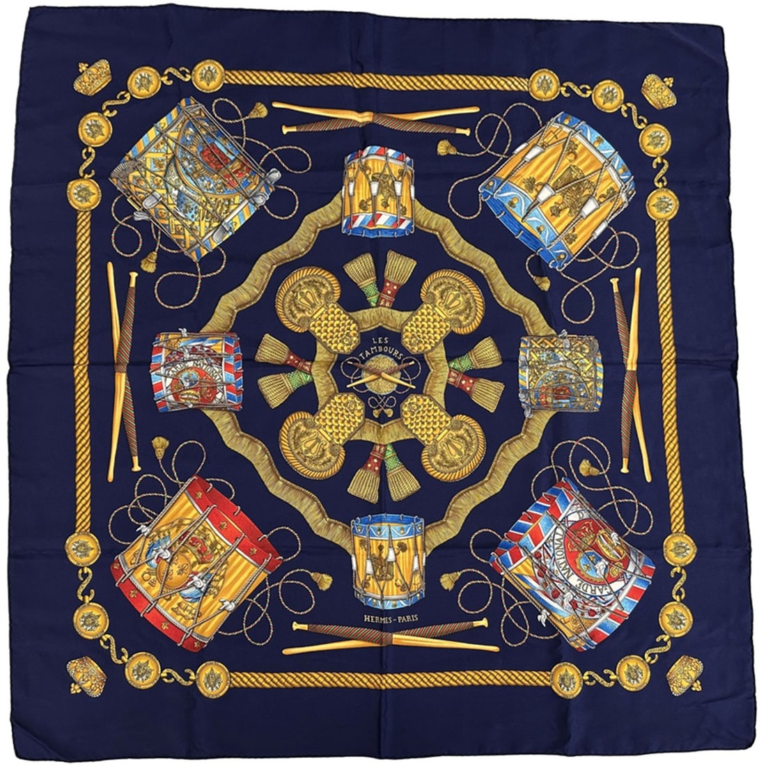 Hermès HERMES Carré 90 Scarf/Muffler, "LES TAMBOURS" Tambour Drum, Women's, Silk, Navy Blue, (1 of 20)