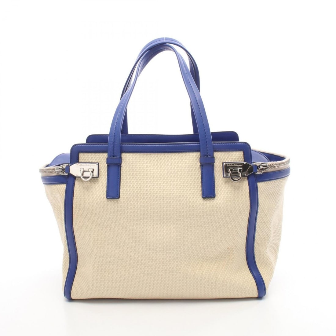 Salvatore Ferragamo Ariana Gancini Handbag, Canvas and Leather, Women's, Ivory Blue, Size 21, E455: --- Catalog ---Category: SizeSize (HxWxD): 29cm x 34cm x 17cm / 11.41'' x 13.38'' x 6.69''Category: DesignType: HandbagColor: Blue, IvoryGender: WomenMaterial: Canvas , Leather Category: GeneralMPN: 2