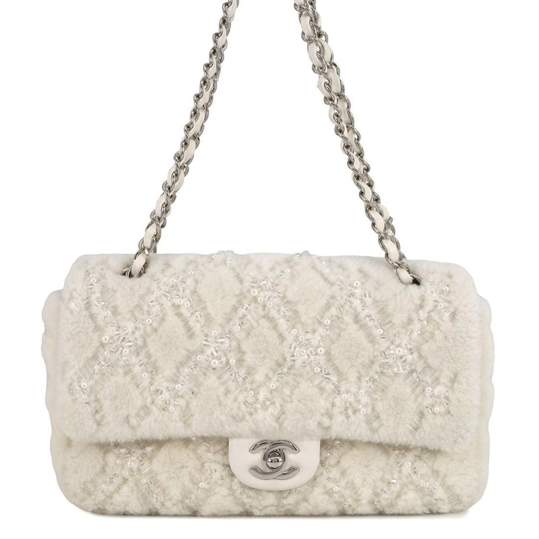 Chanel chain shoulder bag, matelasse, Coco mark, faux pearl, beads, mouton, white, handbag, women's, (1 of 15)