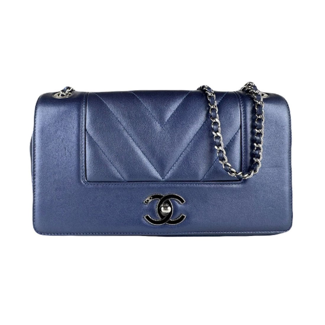CHANEL Shoulder Bag with V-Stitch Leather in Metallic Navy and Silver, Women's, z8624 (1 of 16)