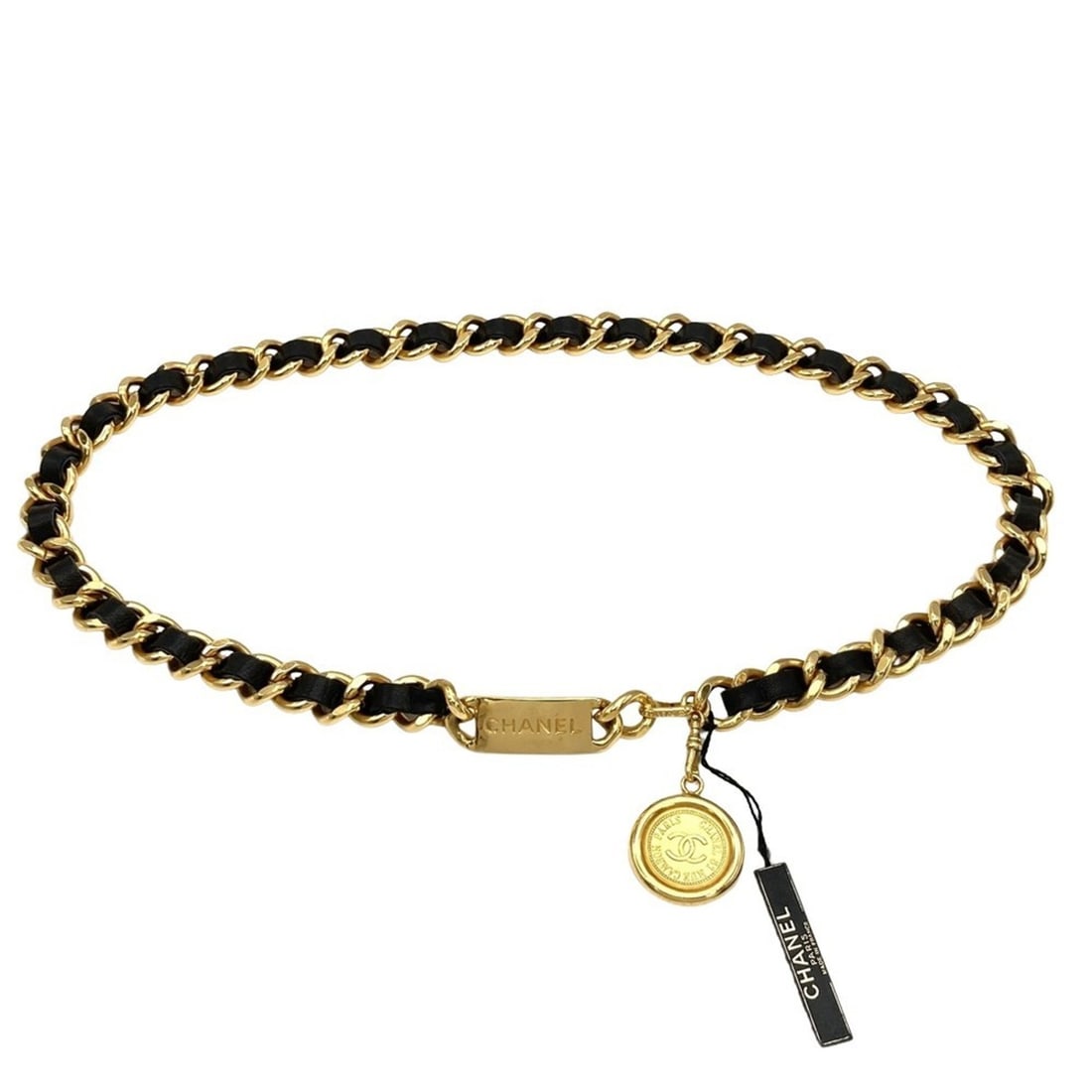 CHANEL Coco Medal Plate Chain Belt, Metal, 84cm, Black with Gold Hardware, Women's: --- Catalog ---Category: SizeLength: 84cm / 33.07''Category: DesignType: Chain beltColor: BlackGender: WomenMaterial (Strap): Metal Category: GeneralBrand: Chanel--- Item List ---Section: ConditionRan