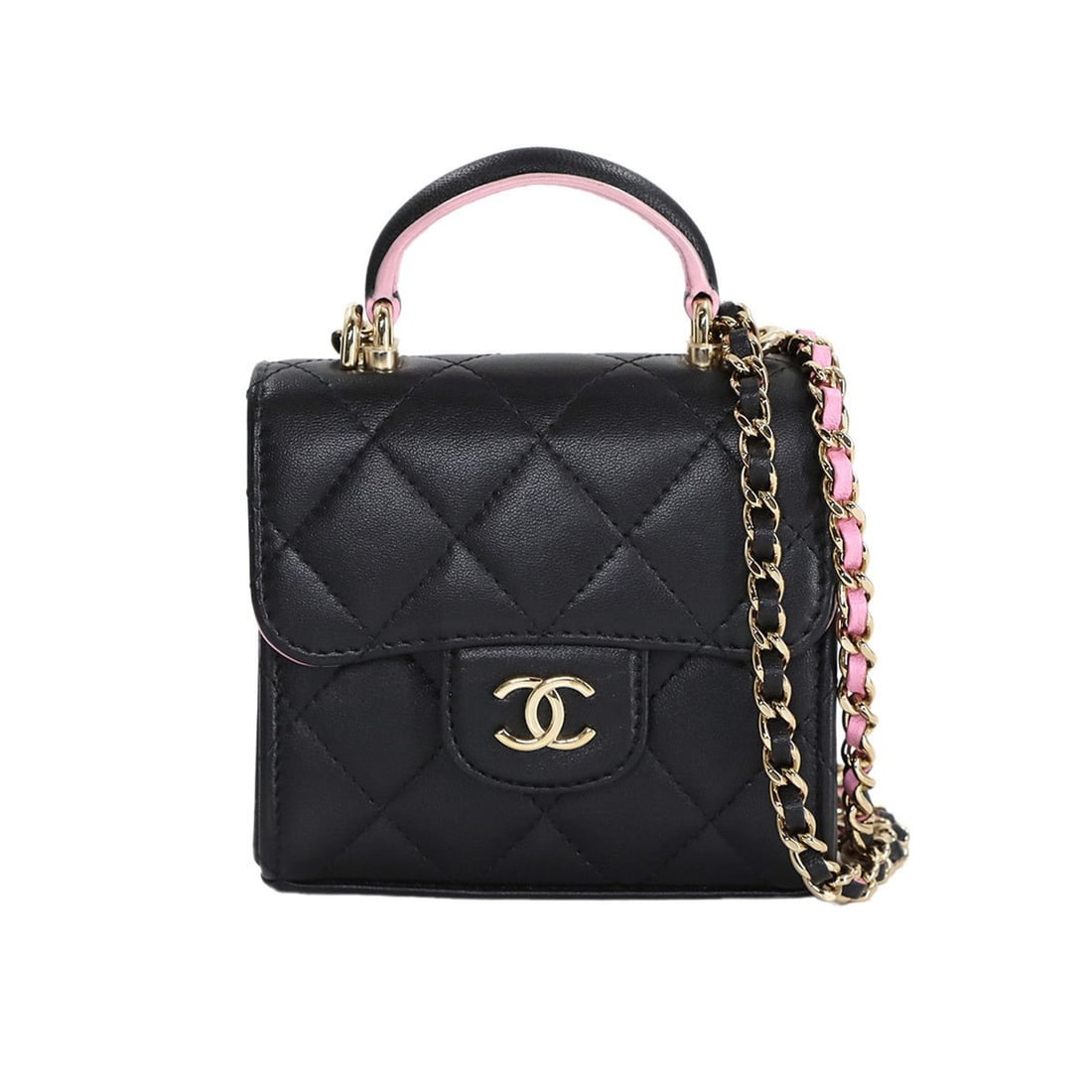 CHANEL Mini Matelasse Chain Clutch Shoulder Handbag in Black and Pink Lambskin with Gold Hardware: --- Catalog ---Category: SizeSize (HxWxD): 10.5cm x 11cm x 4cm / 4.13'' x 4.33'' x 1.57''Category: DesignType: Handbag, Shoulder bagColor: Black, PinkMaterial: Leather Leather/Fur Type: LambskinCatego