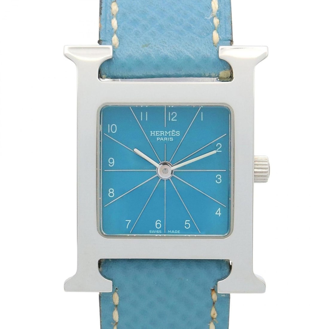 Hermès H Watch, stainless steel with leather strap, women's, blue, HH1.210: --- Catalog ---Category: SizeWrist Size: 16cm / 6.29''Case Diameter: 21mm / 0.83''Category: DesignType: WristwatchGender: WomenColor (Dial): BlueMaterial (Band): Leather, Stainless steelMaterial (Case