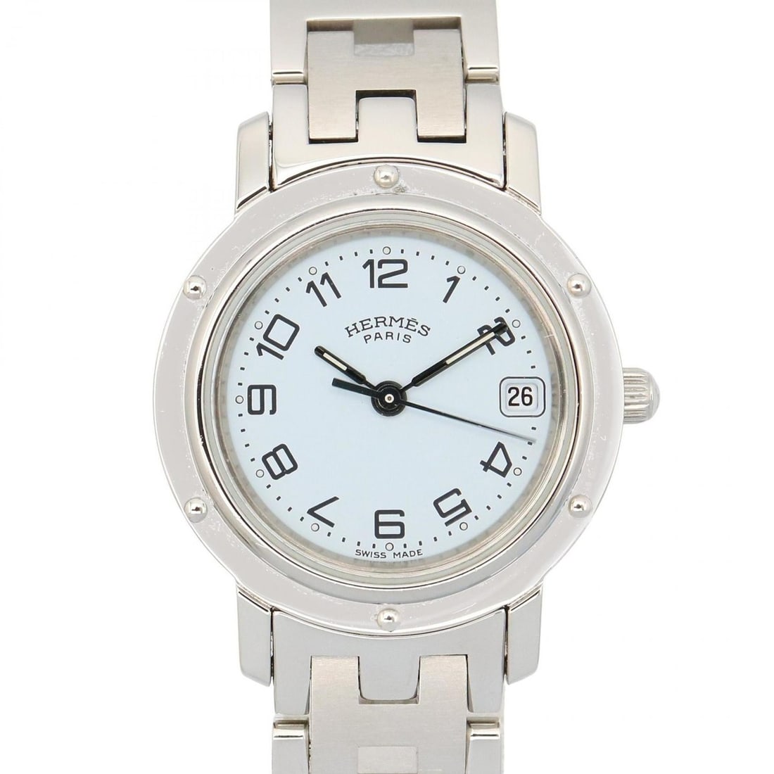 Hermès Clipper Watch, Stainless Steel, Women's, White, CL4.210: --- Catalog ---Category: SizeWrist Size: 16cm / 6.29''Case Diameter: 24mm / 0.94''Category: DesignType: WristwatchGender: WomenColor (Dial): WhiteMaterial (Band): Stainless steelMaterial (Case): Stain