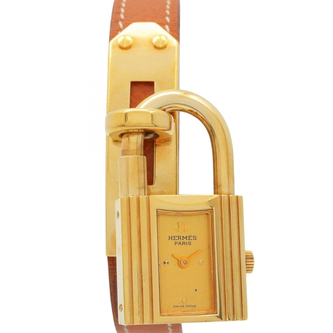Hermes Hermès Kelly Watch, GP (Gold Plated), Leather Strap, Women's, Gold, KE1.201: --- Catalog ---Category: SizeWrist Size: 16cm / 6.29''Case Diameter: 20mm / 0.79''Category: DesignType: WristwatchGender: WomenColor (Dial): GoldMaterial (Band): LeatherMaterial (Case): Gold platedCat