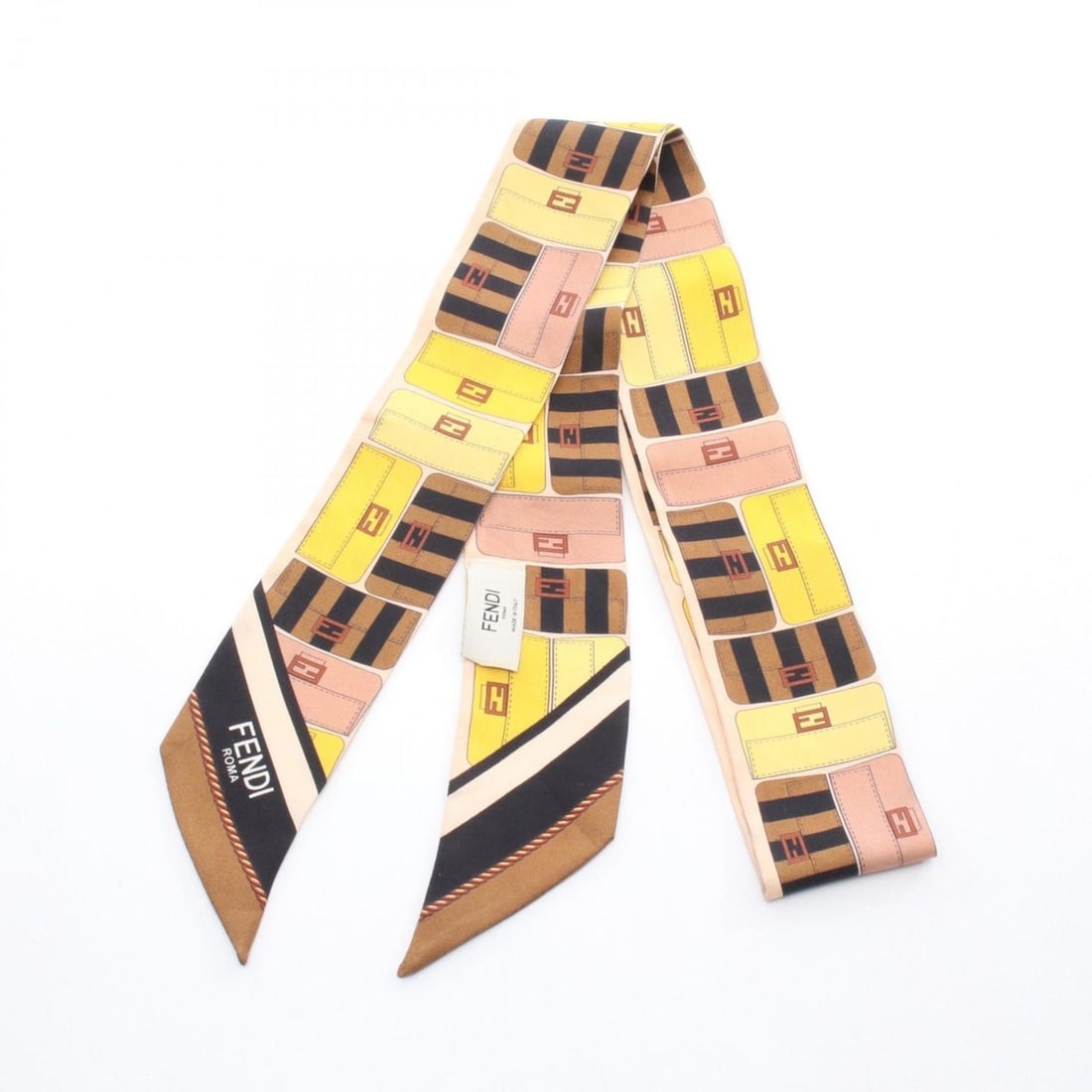Fendi WRAPPY baguette bag motif silk scarf/muffler for women, brown, yellow, and multicolor (FXT011): --- Catalog ---Category: SizeSize (LxW): 1.15m x 5cm / 45.66'' x 1.96''Category: DesignType: ScarfColor: Brown, Multi-color, YellowGender: WomenMaterial: Silk Category: GeneralMPN: FXT011Brand: Fendi-