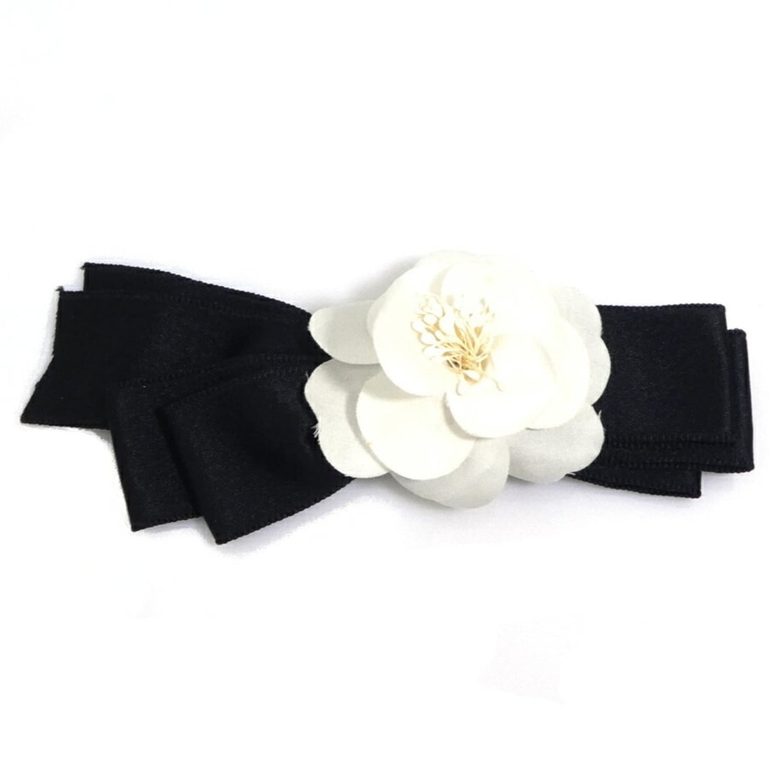 CHANEL Camellia Ribbon Brooch, Textile/Satin, Off-White/Black, Women's, e61447a (1 of 10)