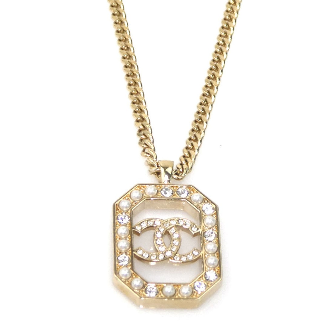 CHANEL Coco Mark Metal/Rhinestone Necklace in Gold/Silver/White, Women's, e61434i: --- Catalog ---Category: SizePendant Size: 27mm x 17mm / 1.06'' x 0.66''Neck Circumference: 60 cm / 23.62''Category: DesignColor: Gold, Silver, WhiteGender: WomenMaterial: Metal, RhinestoneNecklace