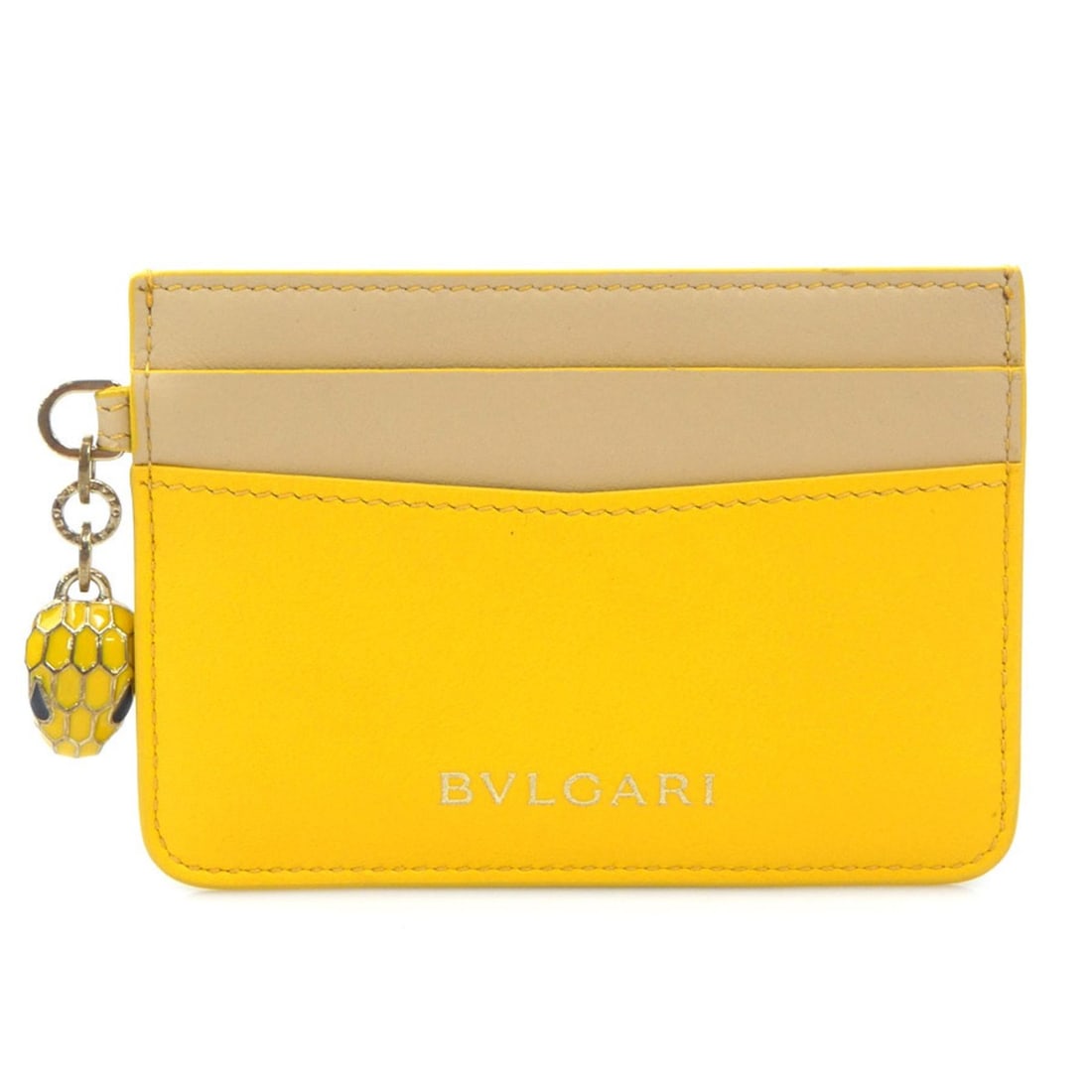 BVLGARI Serpenti Business Card Case in Leather, Yellow/Beige Gold, Women's, e61483j: --- Catalog ---Category: DesignType: Card caseColor: Beige, YellowGender: WomenMaterial: Leather Category: GeneralBrand: BvlgariCountry of Origin: ItalyCategory: Physical PropertiesSize (HxWxD):
