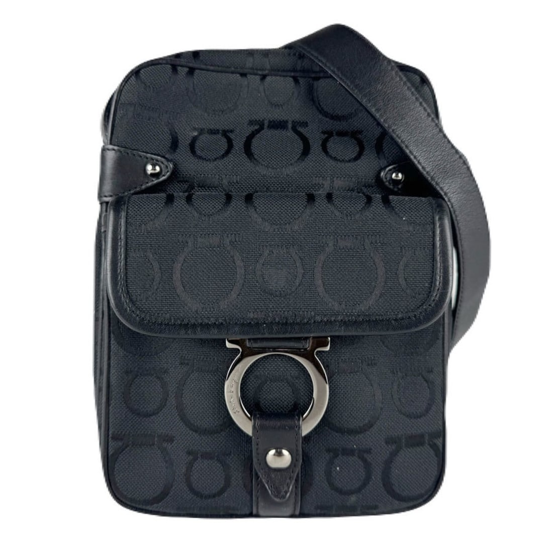 Salvatore Ferragamo Gancini Canvas/Leather Shoulder Bag, Black, Women's, Z8707: --- Catalog ---Category: SizeSize (HxWxD): 20cm x 15cm x 5cm / 7.87'' x 5.9'' x 1.96''Category: DesignType: Shoulder bagColor: BlackGender: WomenMaterial: Canvas , Leather Category: GeneralBrand: