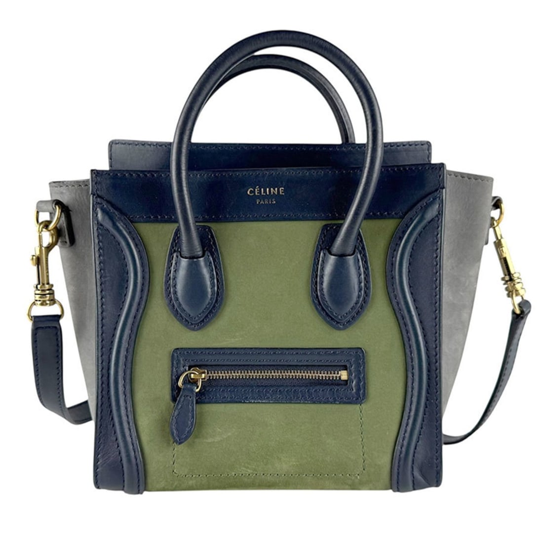Celine Luggage Nano Shopper Handbag Shoulder Bag Leather/Suede Navy x Green Gray Women's z8564 (1 of 15)