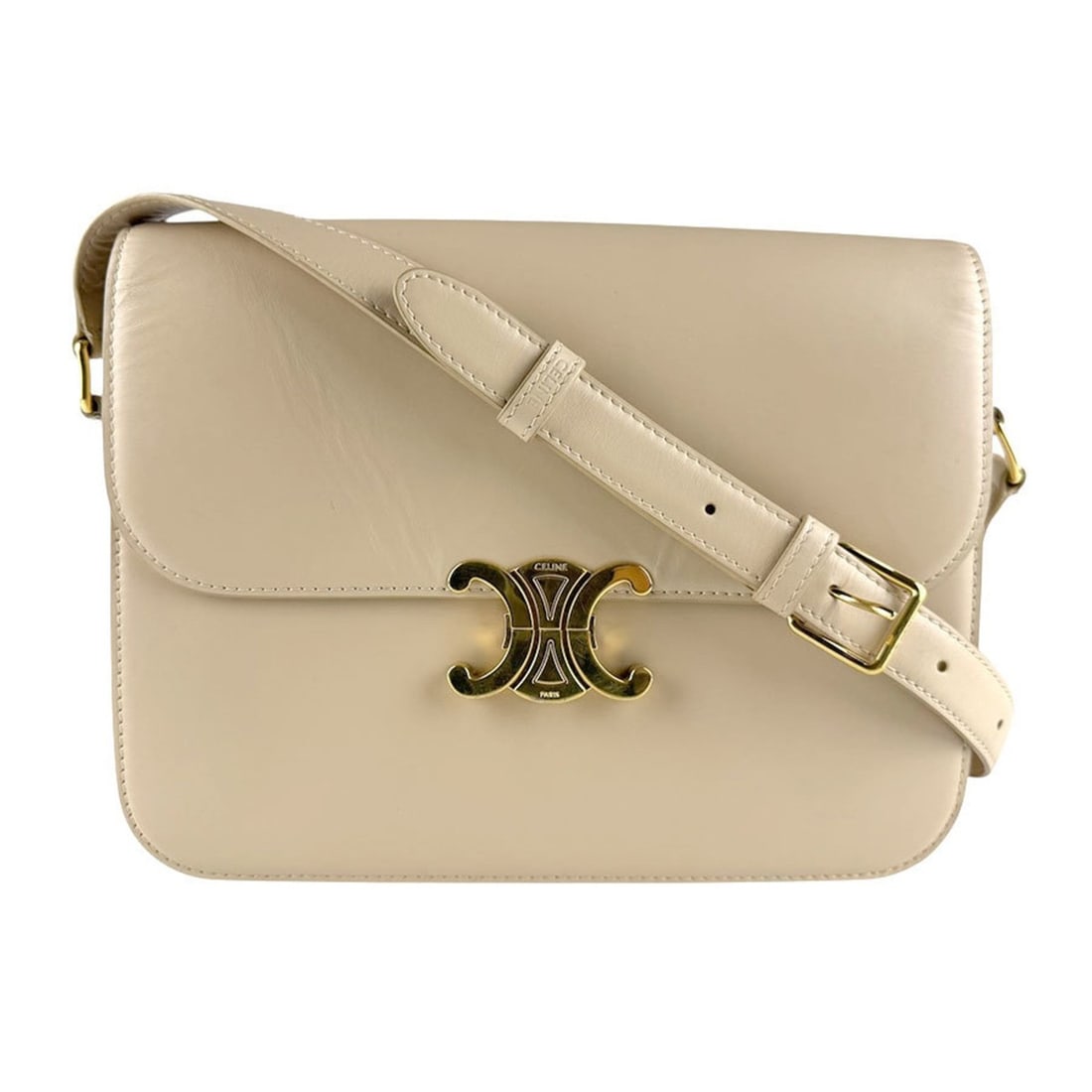 Celine Classic Triomphe Shoulder Bag in Light Beige and Gold Leather, Women's, Z8557: --- Catalog ---Category: SizeSize (HxWxD): 20cm x 24cm x 5cm / 7.87'' x 9.44'' x 1.96''Category: DesignType: Shoulder bagColor: Light beigeGender: WomenMaterial: Leather Hardware Color: GoldCategory: