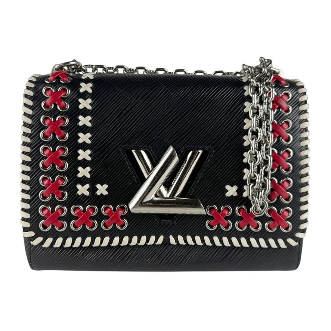 Louis Vuitton Epi Twist MM Shoulder Bag in Leather, Black/Off-White/Red, Silver, Women's, M42778: --- Catalog ---Category: SizeSize (HxWxD): 18cm x 23cm x 9cm / 7.08'' x 9.05'' x 3.54''Category: DesignType: Shoulder bagColor: Black, Off-white, Red colorGender: WomenMaterial: Epi leather Hardware C
