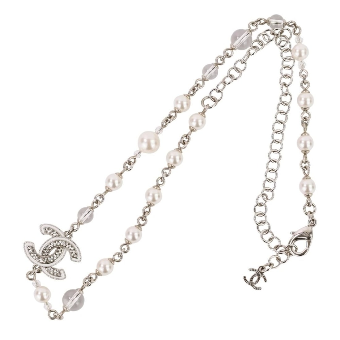 A25C CHANEL Rhinestone Coco Mark Pearl Necklace, Silver/White, Women's (1 of 14)