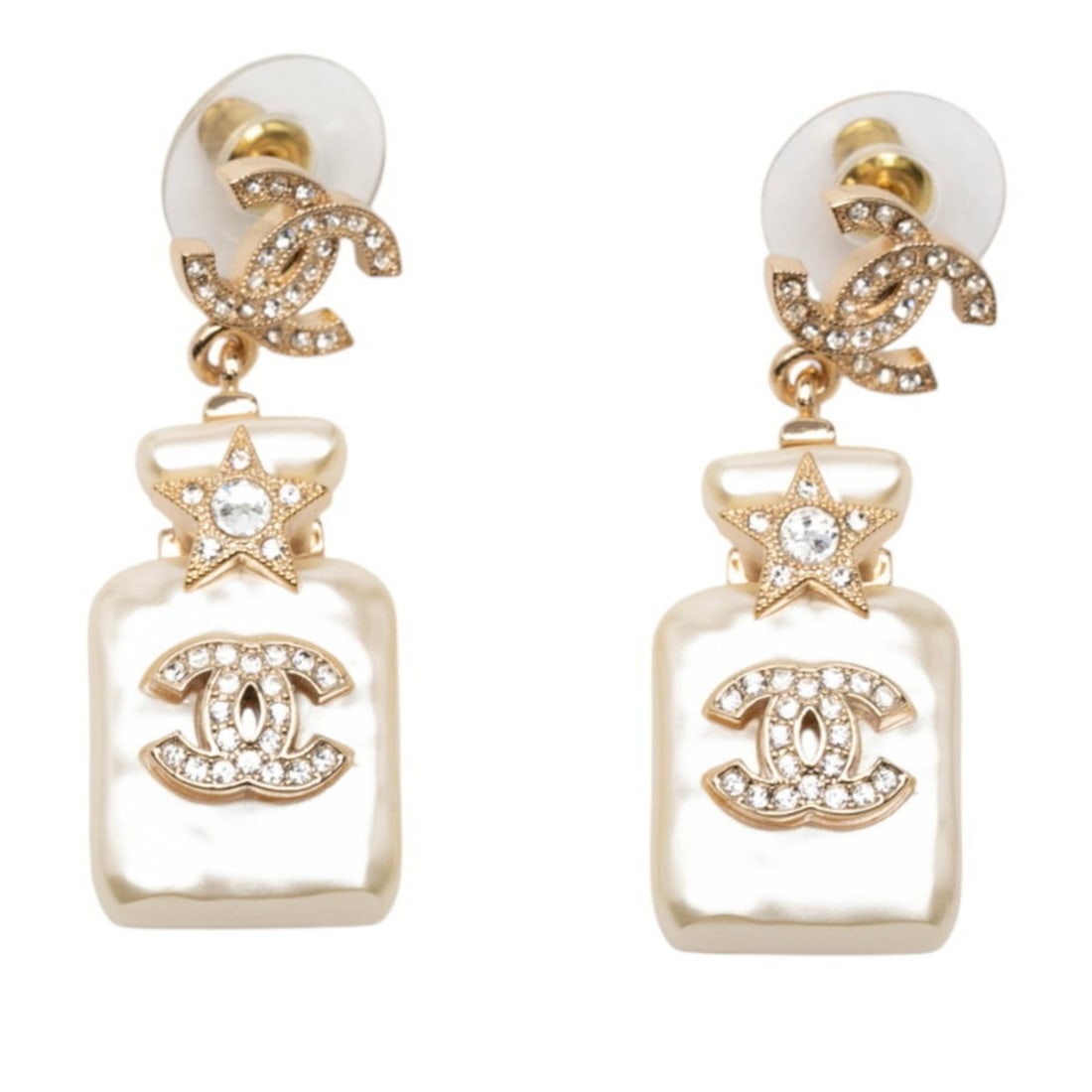 Chanel Coco Mark Star Perfume Bottle Motif Earrings with Gold-Plated Rhinestones for Women (1 of 14)