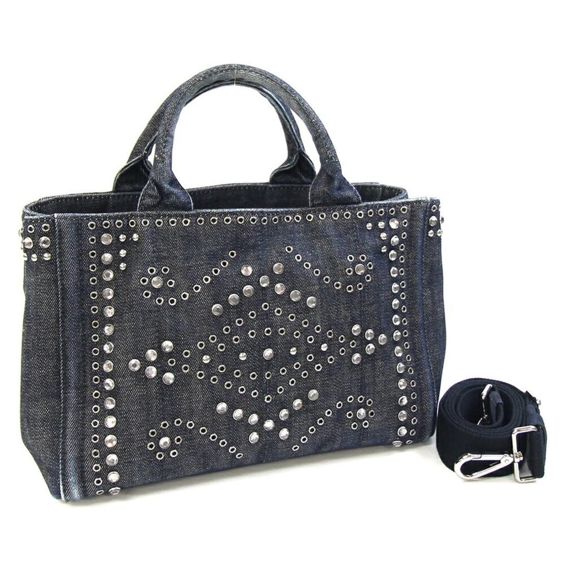 Prada Canapa Handbag BN2439 Navy Denim Shoulder Bag with Beading, Women's PRADA | Handbag, Bag, Tote (1 of 14)