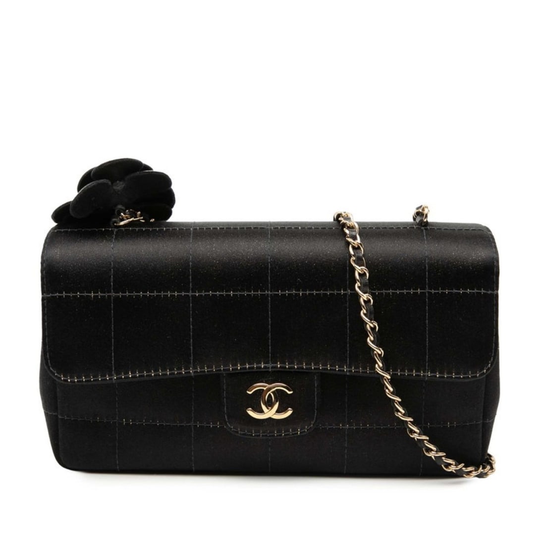 CHANEL Coco Mark Camellia Chocolate Bar Chain Mini Shoulder Bag in Black Satin and Lambskin for: --- Catalog ---Category: SizeSize (HxWxD): 10.5cm x 18cm x 5cm / 4.13'' x 7.08'' x 1.96''Category: DesignType: Shoulder bagColor: BlackGender: WomenMaterial: Satin , Leather Leather/Fur Type: Lambskin
