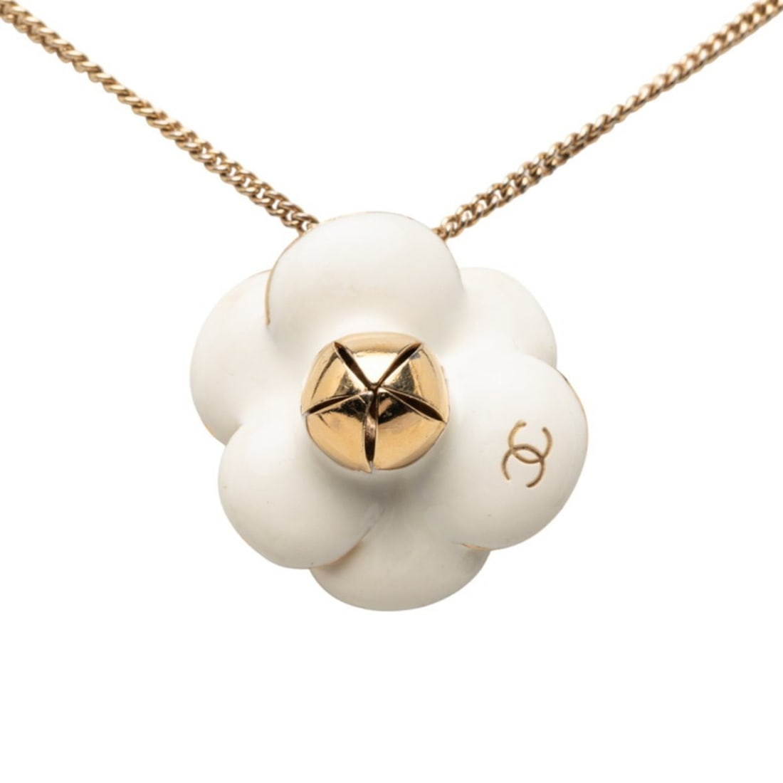 CHANEL Coco Mark Camellia Necklace Gold White Plated Women's: --- Catalog ---Category: SizePendant Size: 27.5mm x 27.9mm / 1.08'' x 1.09''Neck Circumference: 43 cm / 16.92''Category: DesignColor: Gold, WhiteGender: WomenNecklace Type: NecklaceCategory: GeneralBr