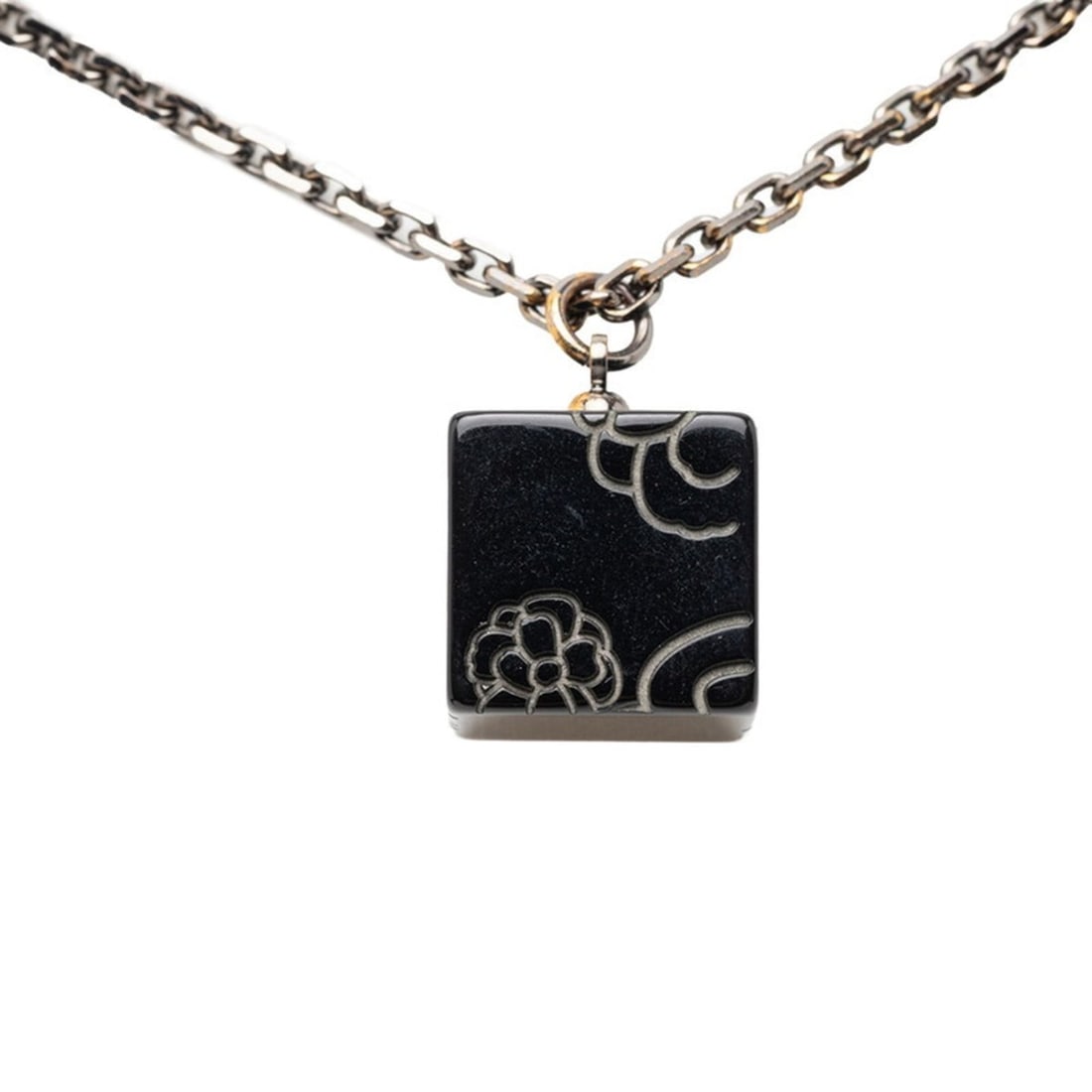 CHANEL Coco Mark Camellia Cube Necklace in Black Plastic and Metal, Women's: --- Catalog ---Category: SizePendant Size: 13.9mm x 13.9mm / 0.54'' x 0.54''Neck Circumference: 47 cm / 18.5''Category: DesignColor: BlackGender: WomenMaterial: Metal, PlasticNecklace Type: NecklaceCa