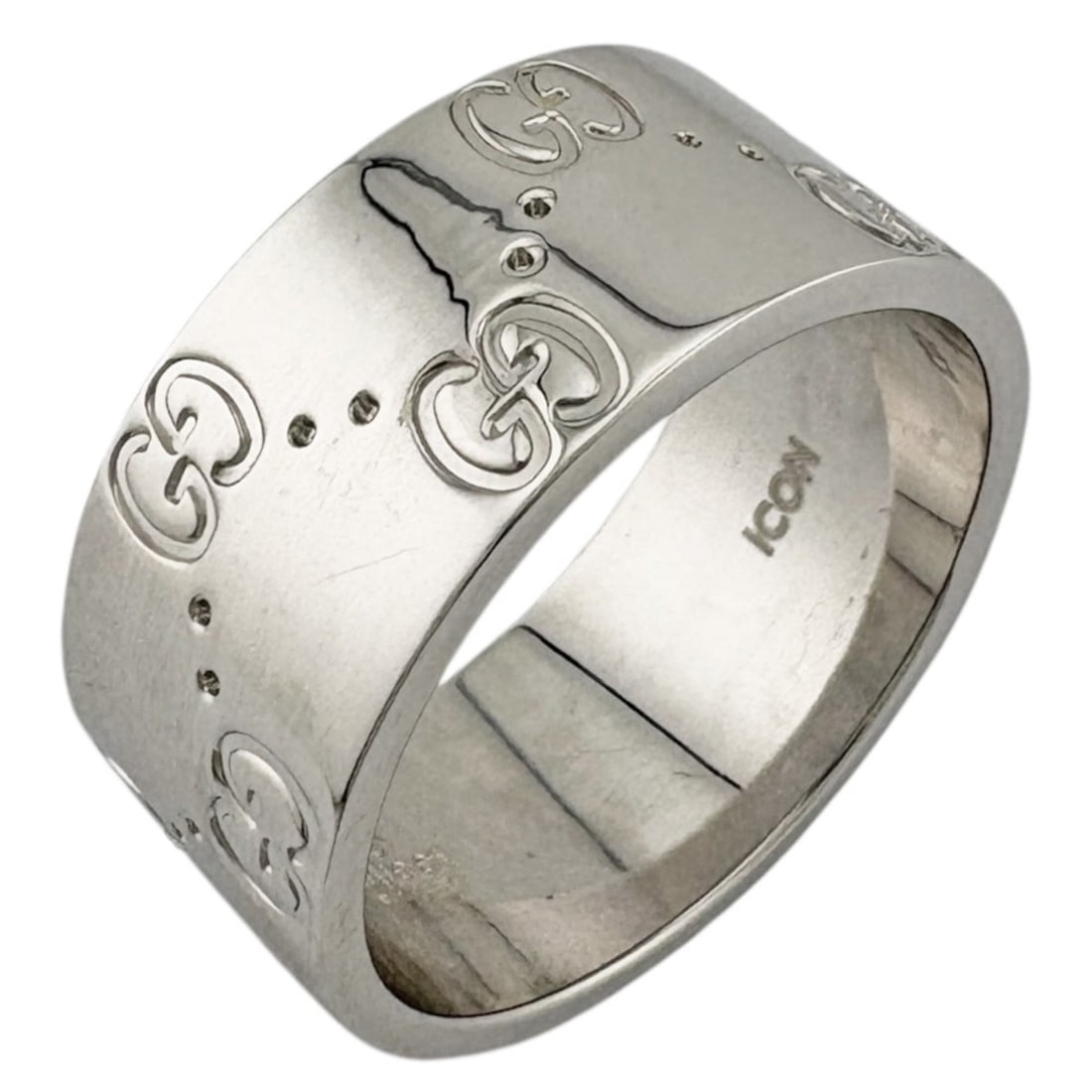 Gucci Icon Wide Ring, 1, 18k Gold, Men's/Women's, Pre-owned: --- Catalog ---Category: SizeJP Size: 16US Size: 8Category: DesignType: Band ringColor: SilverGender: Men,WomenMaterial: White gold (18K)Category: GeneralBrand: GucciCountry of Origin: Italy--- Item L