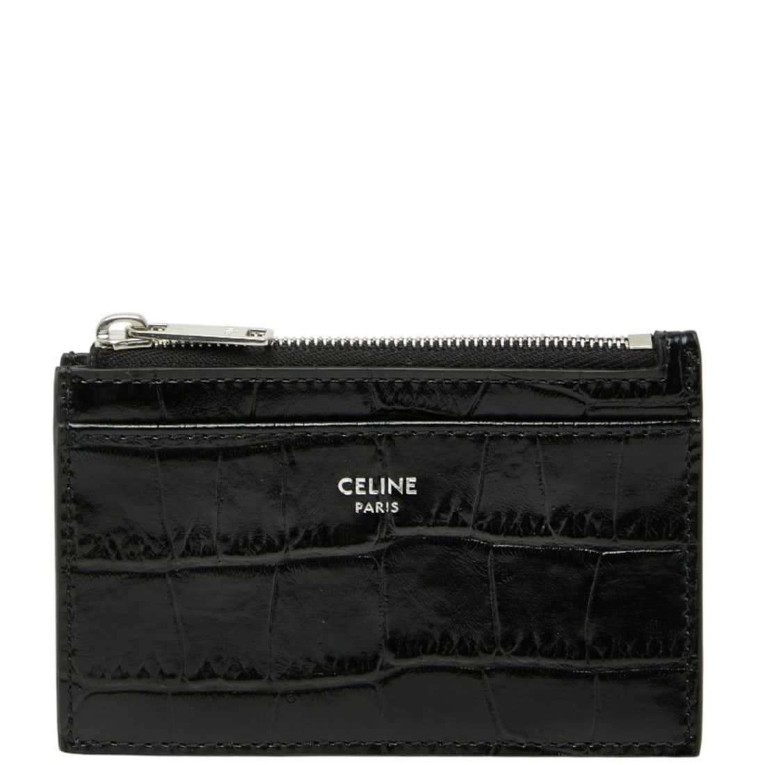 Celine Crocodile Embossed Wallet/Coin Case/Pass Case in Black Leather for Women: --- Catalog ---Category: SizeSize (HxWxD): 7.5cm x 11cm x 5.00mm / 2.95'' x 4.33'' x 0.19''Category: DesignType: Coin purse/coin caseColor: BlackGender: WomenClosure: ZipperMaterial: Leather Leather/F