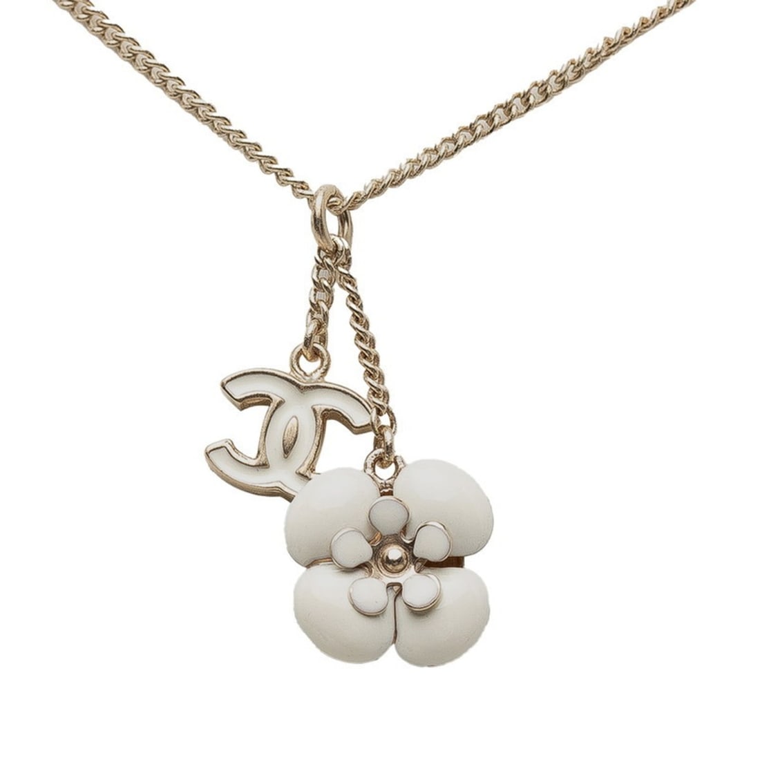 CHANEL Coco Mark Camellia Necklace Gold White Plated Women's: --- Catalog ---Category: SizePendant Size: 32mm x 13mm / 1.25'' x 0.51''Neck Circumference: 42 cm / 16.53''Category: DesignColor: Gold, WhiteGender: WomenMaterial: Gold platingNecklace Type: NecklaceC