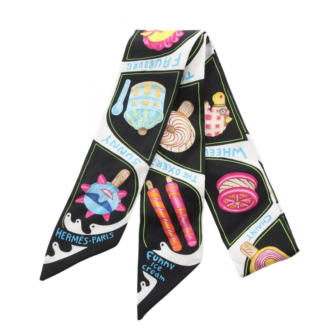Hermes Hermès Twilly Funny Ice Cream Scarf, Silk, Women's, Black, White, Multicolor: --- Catalog ---Category: SizeSize (LxW): 85cm x 5cm / 33.46'' x 1.96''Category: DesignType: ScarfColor: Black, Multi-color, WhiteGender: WomenMaterial: Silk Category: GeneralBrand: Hermes--- Item List