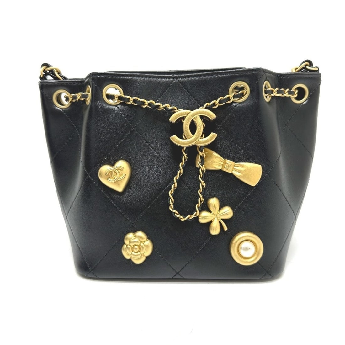 CHANEL AS5824 25K Drawstring Icon Chain Shoulder Bag in Black Leather: --- Catalog ---Category: SizeSize (HxWxD): 15.5cm x 16.5cm x 12.5cm / 6.1'' x 6.49'' x 4.92''Category: DesignType: Shoulder bagColor: BlackGender: WomenMaterial: Leather Category: GeneralMPN: AS5824Br