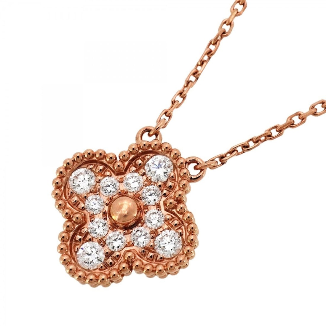 Van Cleef & Arpels Alhambra Necklace in 18K Pink Gold with Diamonds for Women: --- Catalog ---Category: SizePendant Size: 15.3mm x 14.7mm / 0.6'' x 0.57''Neck Circumference: 38 cm - 42 cm / 14.96'' - 16.53''Category: DesignStone: DiamondGender: WomenMaterial: Pink gold (18K)Neck