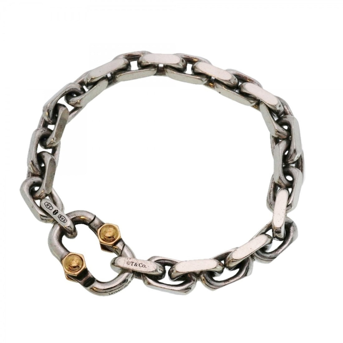 Tiffany Makers Wide Bracelet in 18K Yellow Gold and 925 Sterling Silver for Men Women: --- Catalog ---Category: SizeLength: 19.5cm / 7.67''Category: DesignType: Charm braceletGender: Men,WomenMaterial: Silver 925, Yellow gold (18K)Category: GeneralBrand: Tiffany--- Item List ---Section: