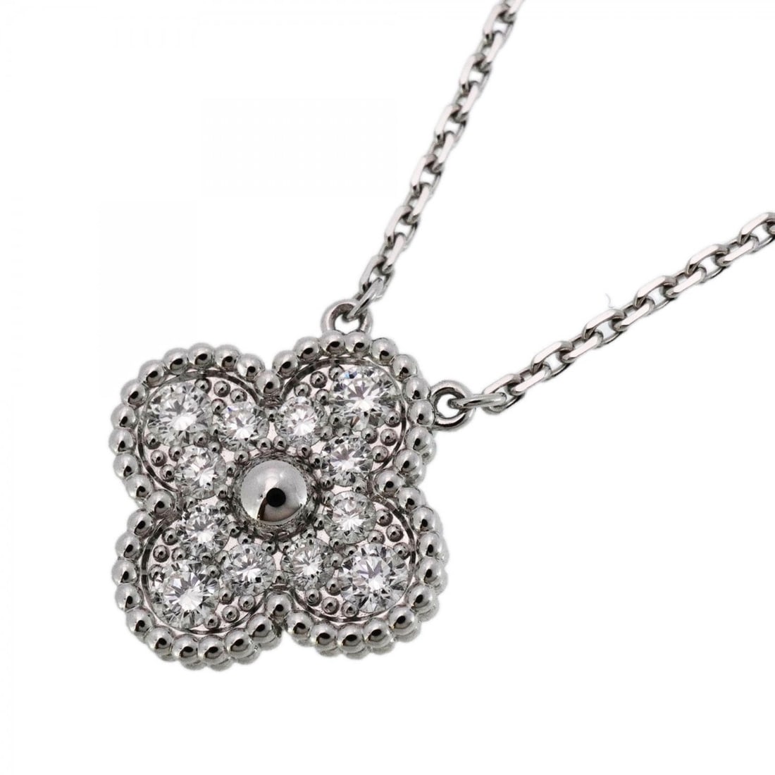 Van Cleef & Arpels Alhambra Necklace in 18K White Gold with Diamonds for Women: --- Catalog ---Category: SizePendant Size: 15.2mm x 14.6mm / 0.59'' x 0.57''Neck Circumference: 37.5 cm - 42 cm / 14.76'' - 16.53''Category: DesignStone: DiamondGender: WomenMaterial: White gold (18K)