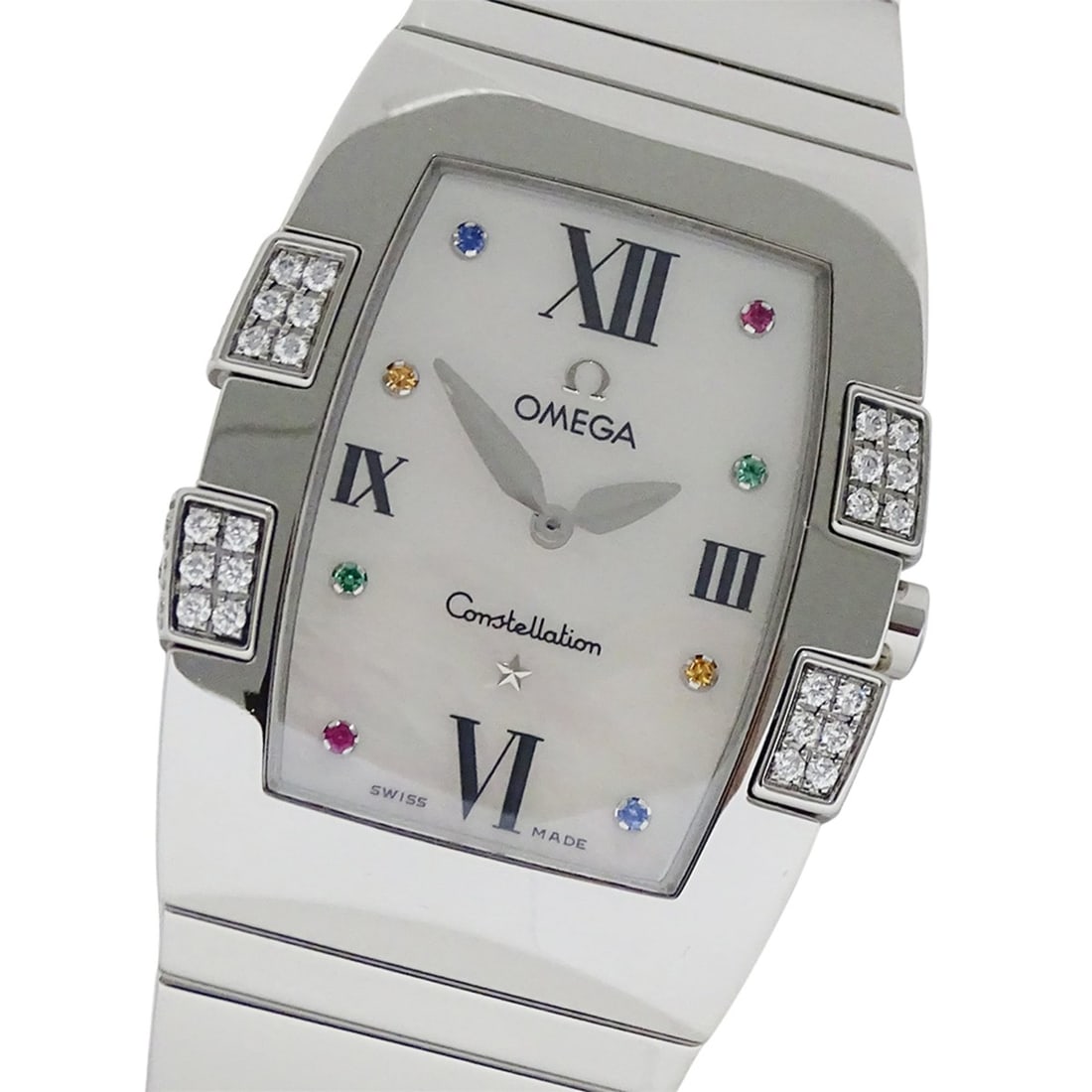 OMEGA Constellation Quadrella 1586.79 Boys' Brand Watch with Shell, Diamond, and Colored Stones,: --- Catalog ---Category: SizeWrist Size: 15cm / 5.9''Case Diameter: 25mm / 0.98''Category: DesignType: WristwatchGender: Boys,WomenColor (Dial): White shellMaterial (Band): Stainless steelMaterial (Ca