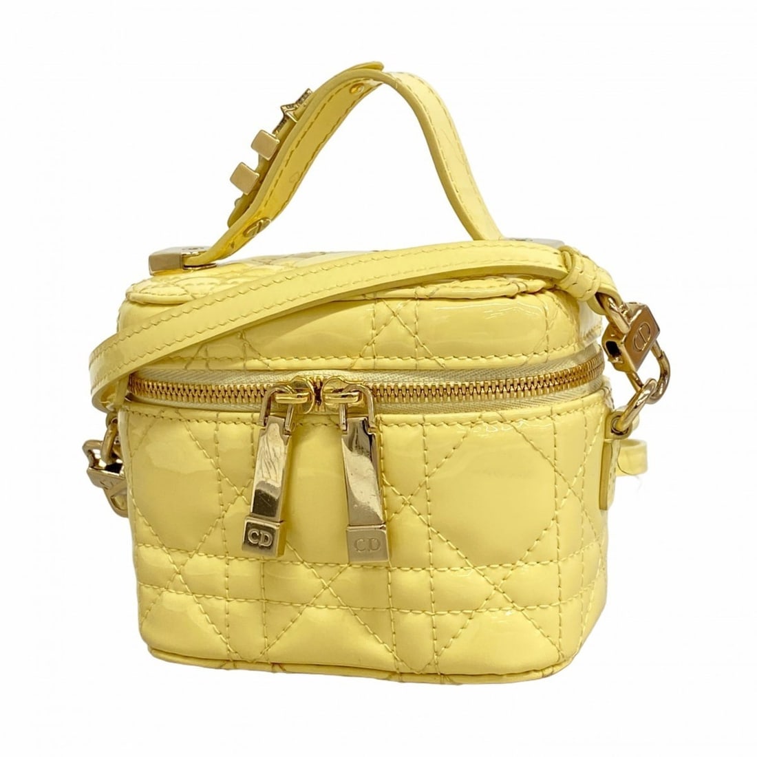 Christian Dior Cannage Enamel Vanity Bag in Yellow Champagne, 2-Way for Women: --- Catalog ---Category: SizeSize (HxWxD): 10cm x 11cm x 7cm / 3.93'' x 4.33'' x 2.75''Category: DesignType: Vanity bagColor: YellowGender: WomenHardware Color: Champagne goldCategory: GeneralBrand: C