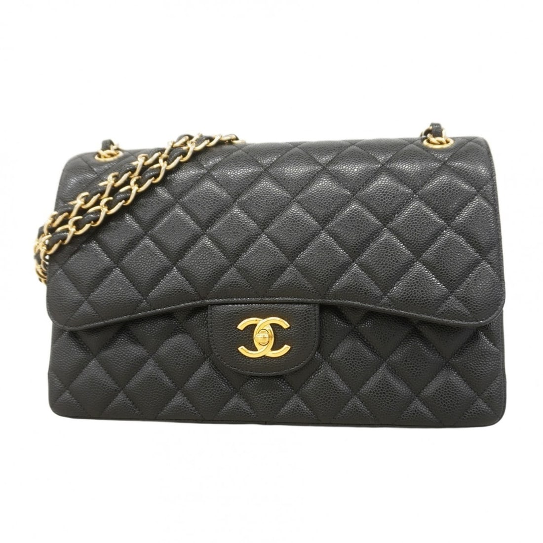 Chanel Shoulder Bag, Deka Matelasse, Double Flap, Chain, Caviar Skin, Black, Women's: --- Catalog ---Category: SizeSize (HxWxD): 20.5cm x 30cm x 9cm / 8.07'' x 11.81'' x 3.54''Category: DesignType: Shoulder bagColor: BlackGender: WomenMaterial: Grained Calfskin Hardware Color: GoldCate