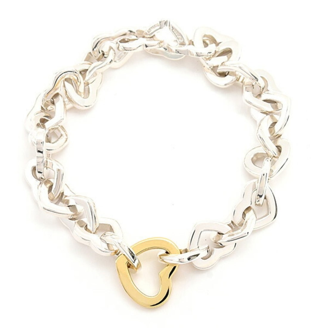 Tiffany Women's Heart Link Chain Bracelet in Silver and Yellow Gold (SV925 750YG): --- Catalog ---Category: SizeLength: 16cm / 6.29''Category: DesignType: Charm braceletColor: Gold, SilverGender: WomenMaterial: Silver 925, Yellow goldCategory: GeneralBrand: Tiffany--- Item List ---S