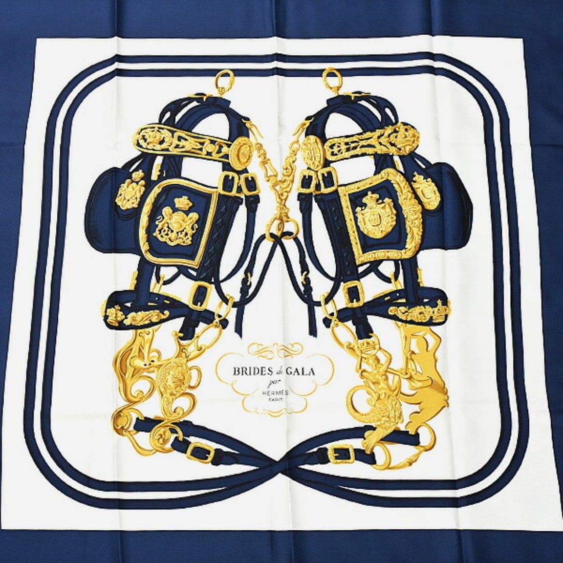 Hermes Hermès Carré 90 Scarf, Women's, BRIDES DE GALA, Ceremonial Bridle, Large, Silk, Navy and: --- Catalog ---Category: SizeSize (LxW): 89cm x 89.5cm / 35.03'' x 35.23''Category: DesignType: ScarfColor: Navy, WhiteGender: WomenMaterial: Silk Category: GeneralBrand: HermesCountry of Origin: Fran