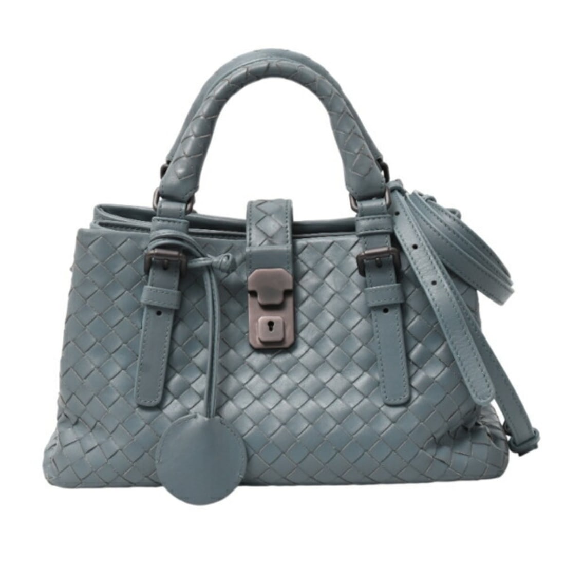 Bottega Veneta Women's Baby Roma Handbag/Shoulder Bag in Intrecciato Blue Gray: --- Catalog ---Category: SizeSize (HxWxD): 14cm x 26cm x 14cm / 5.51'' x 10.23'' x 5.51''Category: DesignType: Handbag, Shoulder bagColor: Blue, Gray indigoGender: WomenMaterial: Leather Leather/Fur T