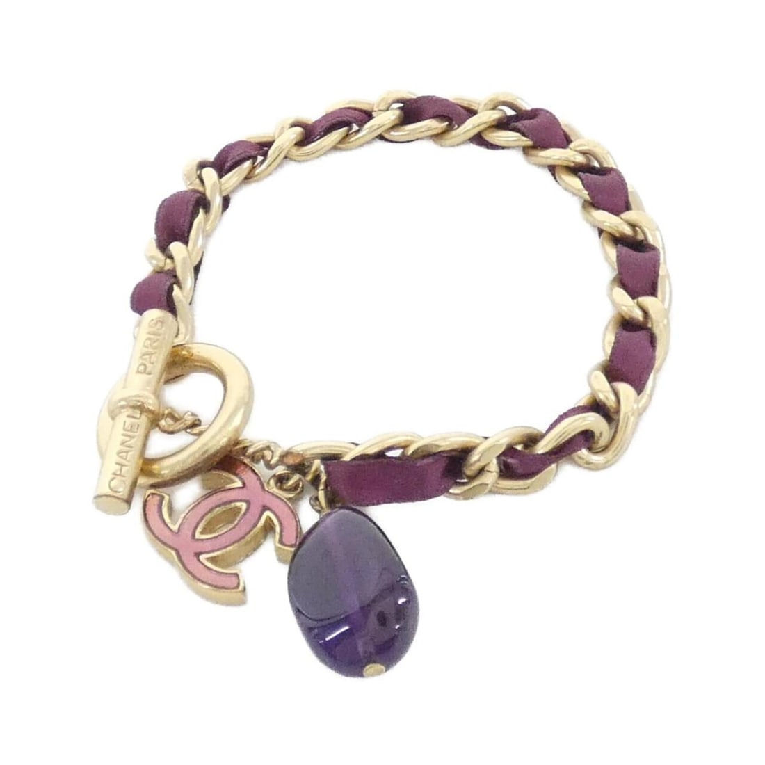 Chanel Bracelet: --- Catalog ---Category: SizeLength: 19.5cm / 7.67''Category: DesignType: Charm braceletColor: Gold, PurpleGender: WomenMaterial: SatinCategory: GeneralBrand: Chanel--- Item List ---Section: