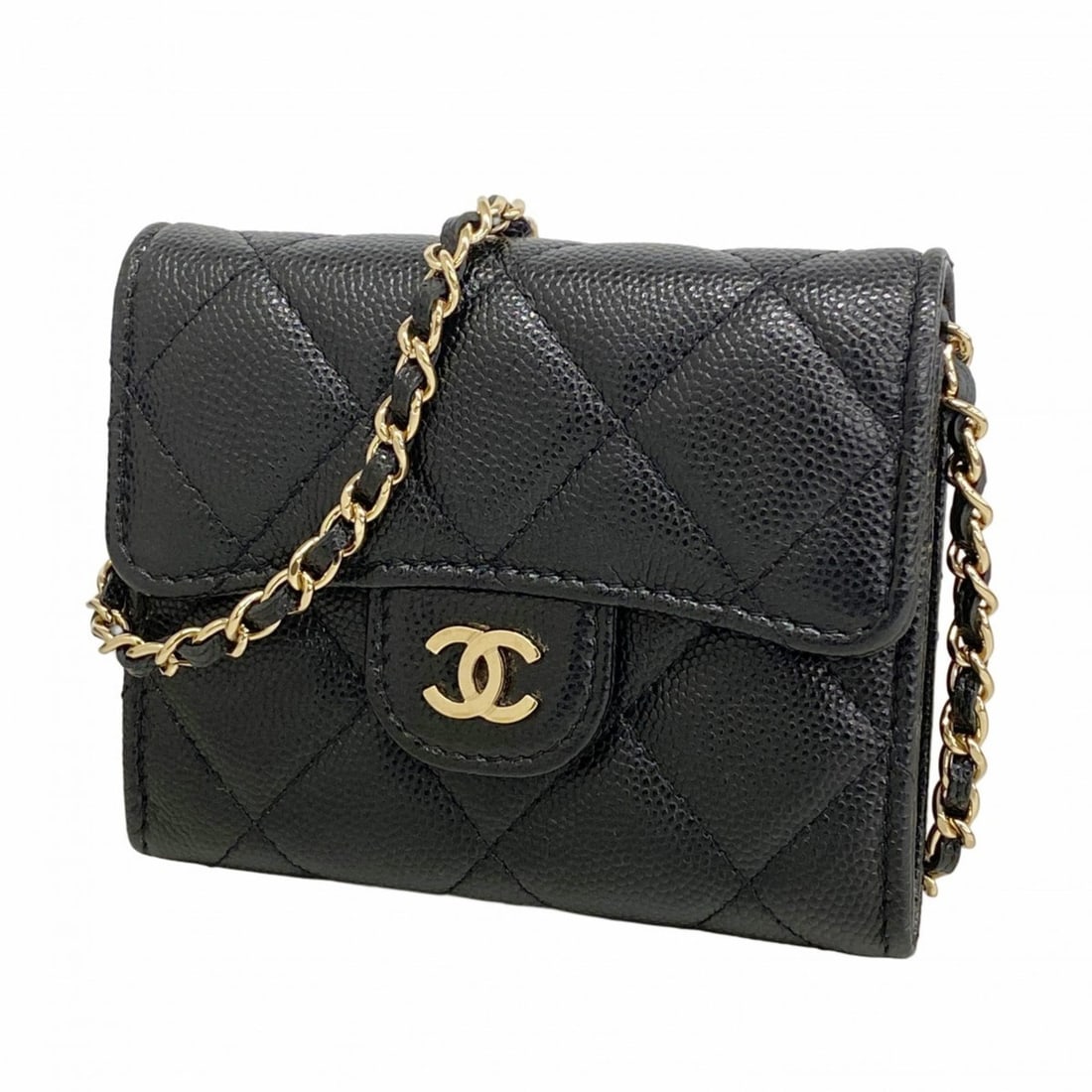 Chanel Matelasse Chain Shoulder Wallet in Caviar Leather, Black and Champagne: --- Catalog ---Category: SizeSize (HxWxD): 9.5cm x 11cm x 1.5cm / 3.74'' x 4.33'' x 0.59''Category: DesignType: Chain/Shoulder walletColor: BlackGender: WomenMaterial: Grained Calfskin Category: Gener