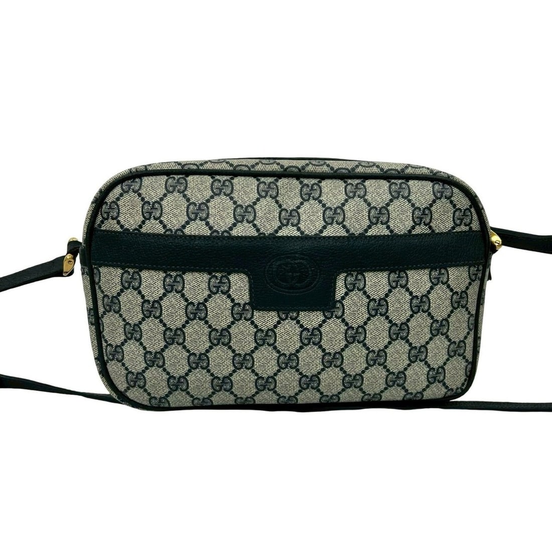 GUCCI Old Gucci GG logo all-over print leather mini shoulder bag/pouch in navy blue (31033): --- Catalog ---Category: SizeSize (HxWxD): 17cm x 25cm x 6.5cm / 6.69'' x 9.84'' x 2.55''Category: DesignType: Pochette, Shoulder bagColor: NavyGender: WomenMaterial: Leather , PVC Category: