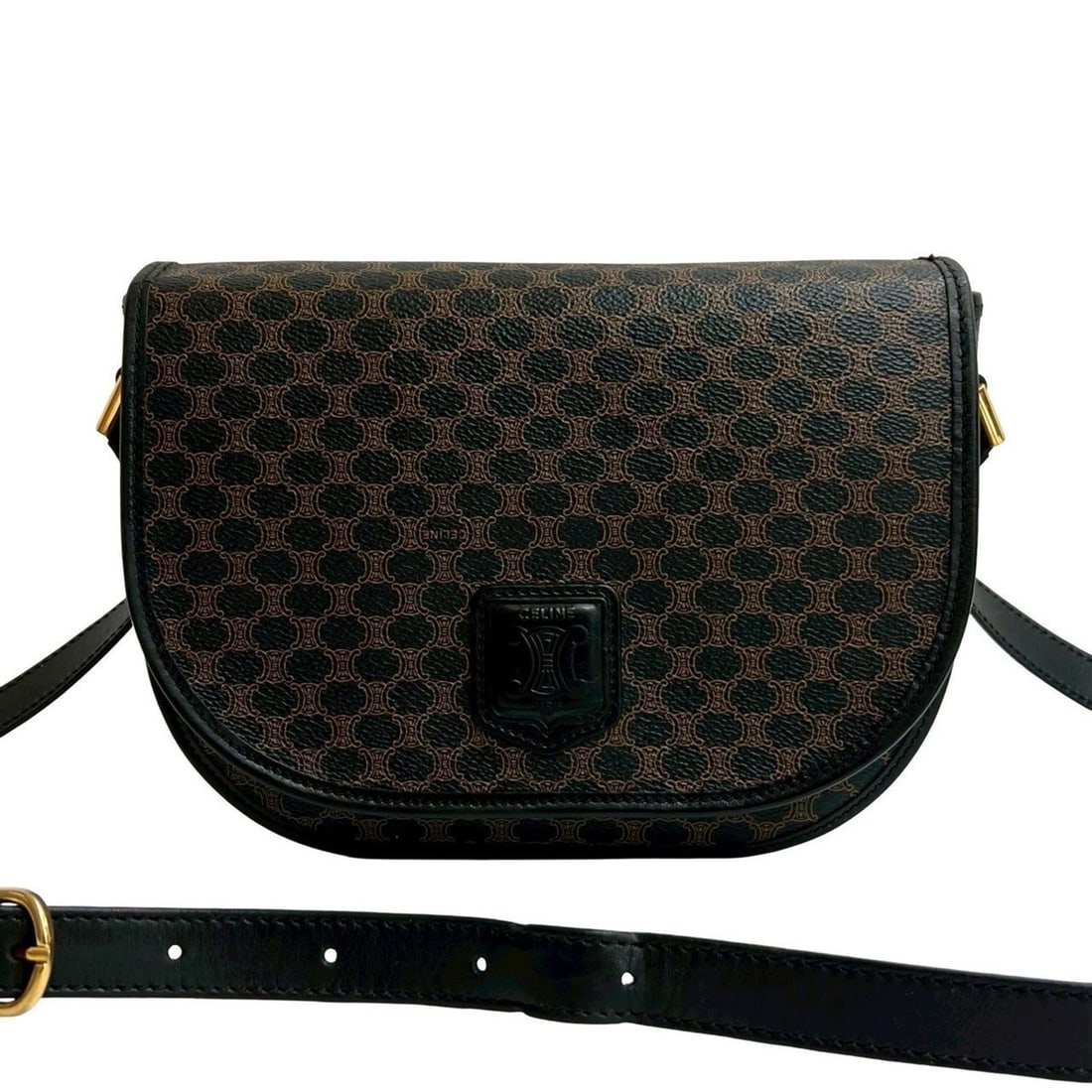 CELINE Macadam Triomphe Logo Leather Shoulder Bag Pochette Black/Brown 13070 (1 of 10)