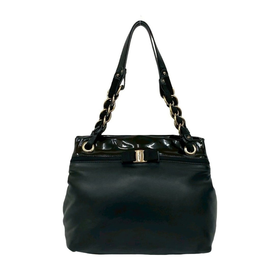 Salvatore Ferragamo Vara Ribbon Patent Leather Chain Tote Bag, Black, 00899: --- Catalog ---Category: SizeSize (HxWxD): 21cm x 24cm x 13cm / 8.26'' x 9.44'' x 5.11''Category: DesignType: Tote bagColor: BlackGender: WomenMaterial: Patent leather , Leather Category: GeneralBrand