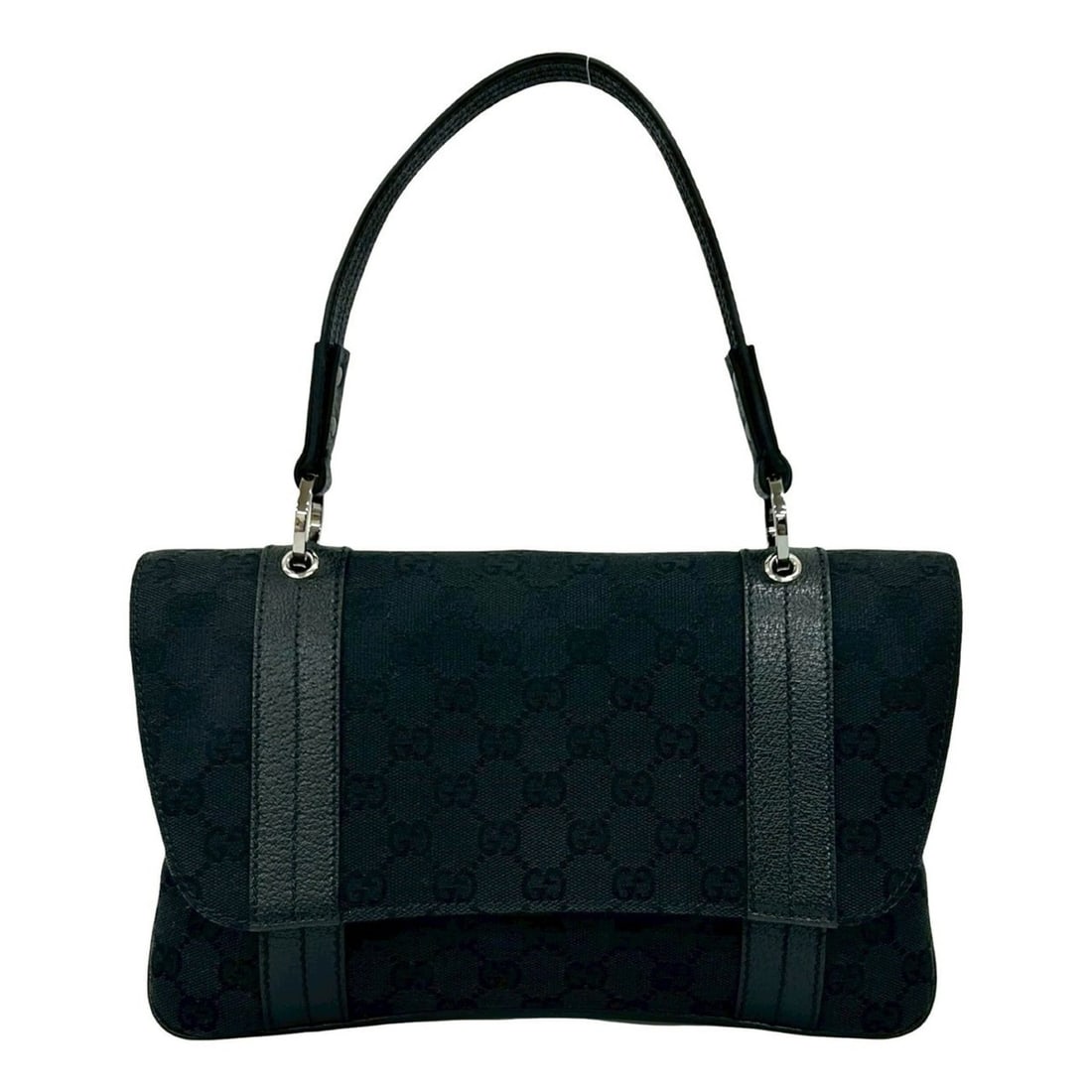 GUCCI GG Monogram Canvas and Leather Tote Bag, Semi-Shoulder Handbag, Black, 82068 (Free Shipping) (1 of 10)