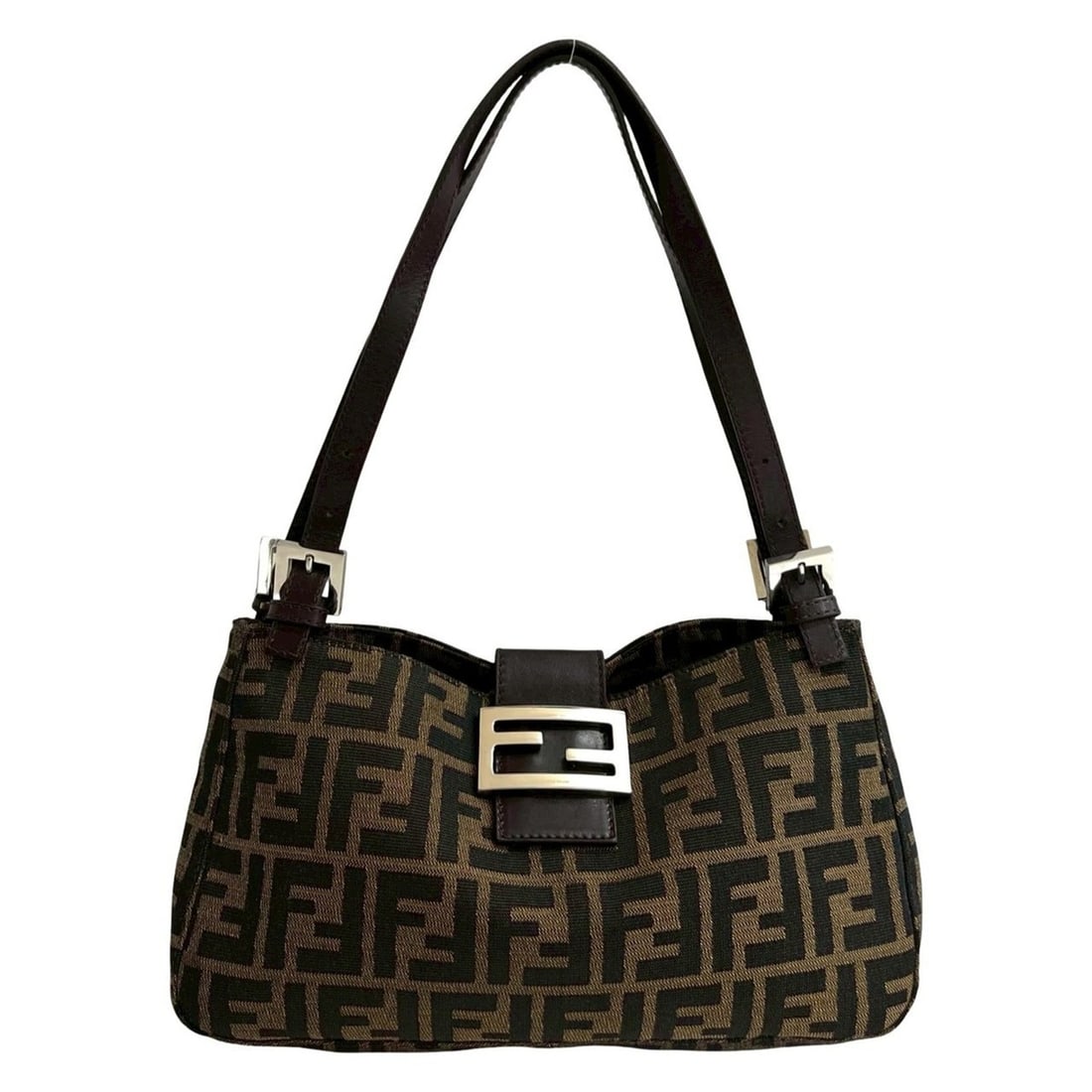 FENDI Mamma Bucket Zucca FF Leather Canvas Semi-Shoulder Bag Handbag Brown 33733: --- Catalog ---Category: SizeSize (HxWxD): 16cm x 27.5cm x 5cm / 6.29'' x 10.82'' x 1.96''Category: DesignType: Handbag, Shoulder bagColor: Black, BrownGender: WomenMaterial: Leather , Canvas Category