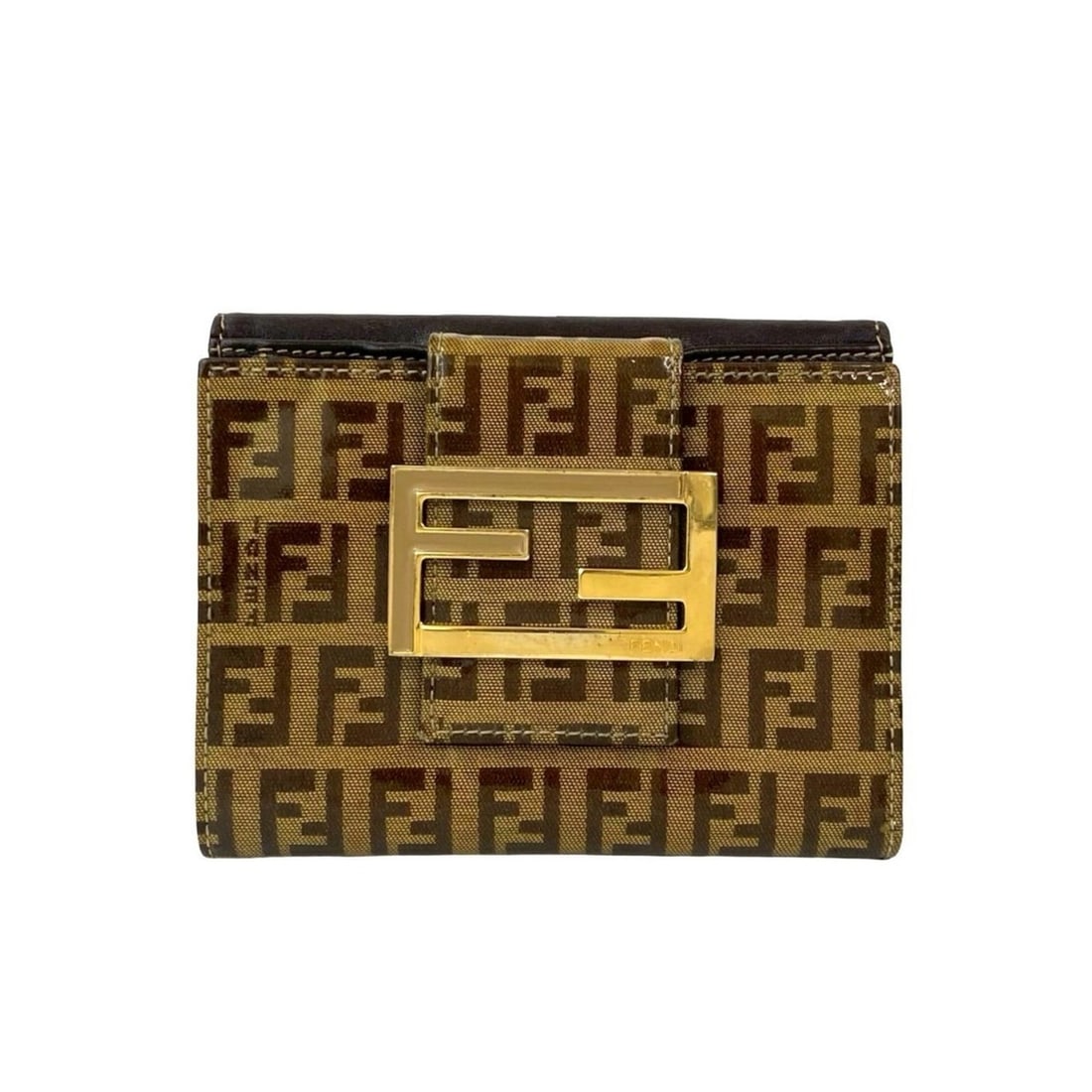 FENDI Zucchino FF logo leather patent enamel bifold wallet with double snap closure, brown, 37343 (1 of 13)