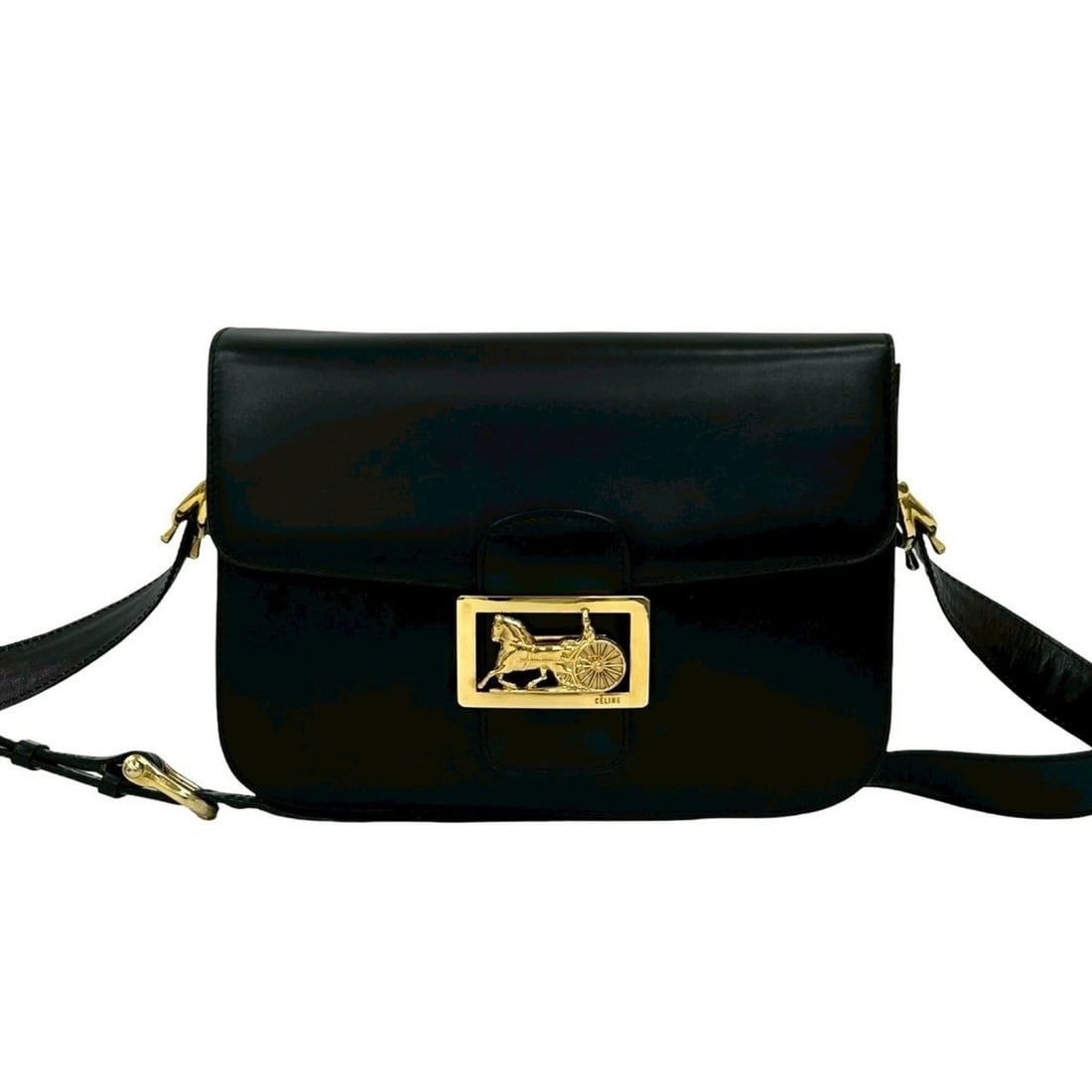 CELINE Horse Carriage Calf Leather Shoulder Bag in Black (21436): --- Catalog ---Category: SizeSize (HxWxD): 17cm x 24cm x 5.5cm / 6.69'' x 9.44'' x 2.16''Category: DesignType: Shoulder bagColor: BlackGender: WomenMaterial: Leather Leather/Fur Type: CalfskinCategory