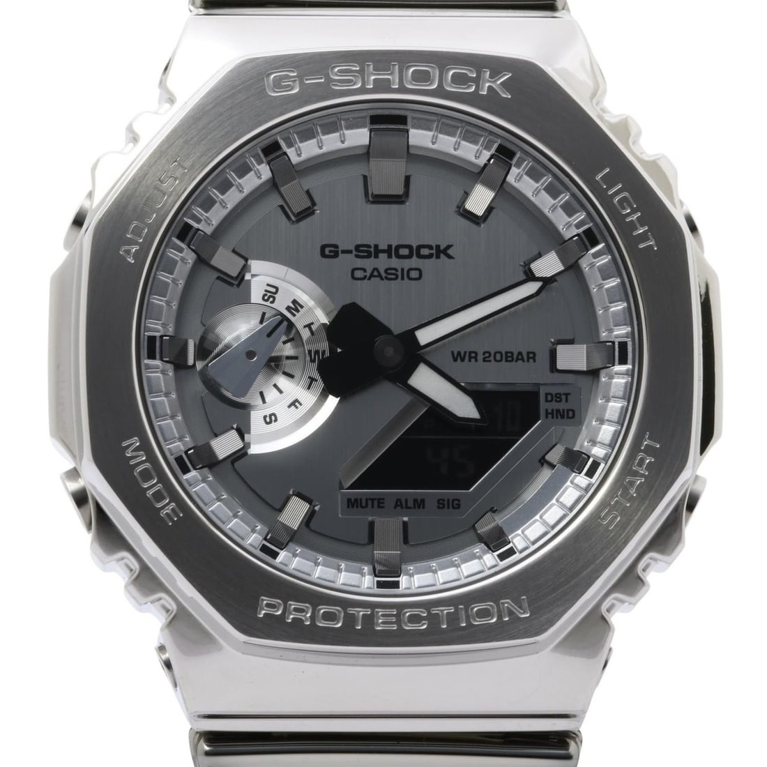 CASIO GSHOCK FINE METALLIC SERIES ANALOG DIGITAL 2100 Series Wristwatch GM2100YM8AJF Silver Resin: --- Catalog ---Category: SizeWrist Size: 22cm / 8.66''Case Diameter: 44.4mm / 1.75''Category: DesignType: WristwatchGender: MenMaterial (Band): Stainless steelMaterial (Case): Stainless steelCategory: