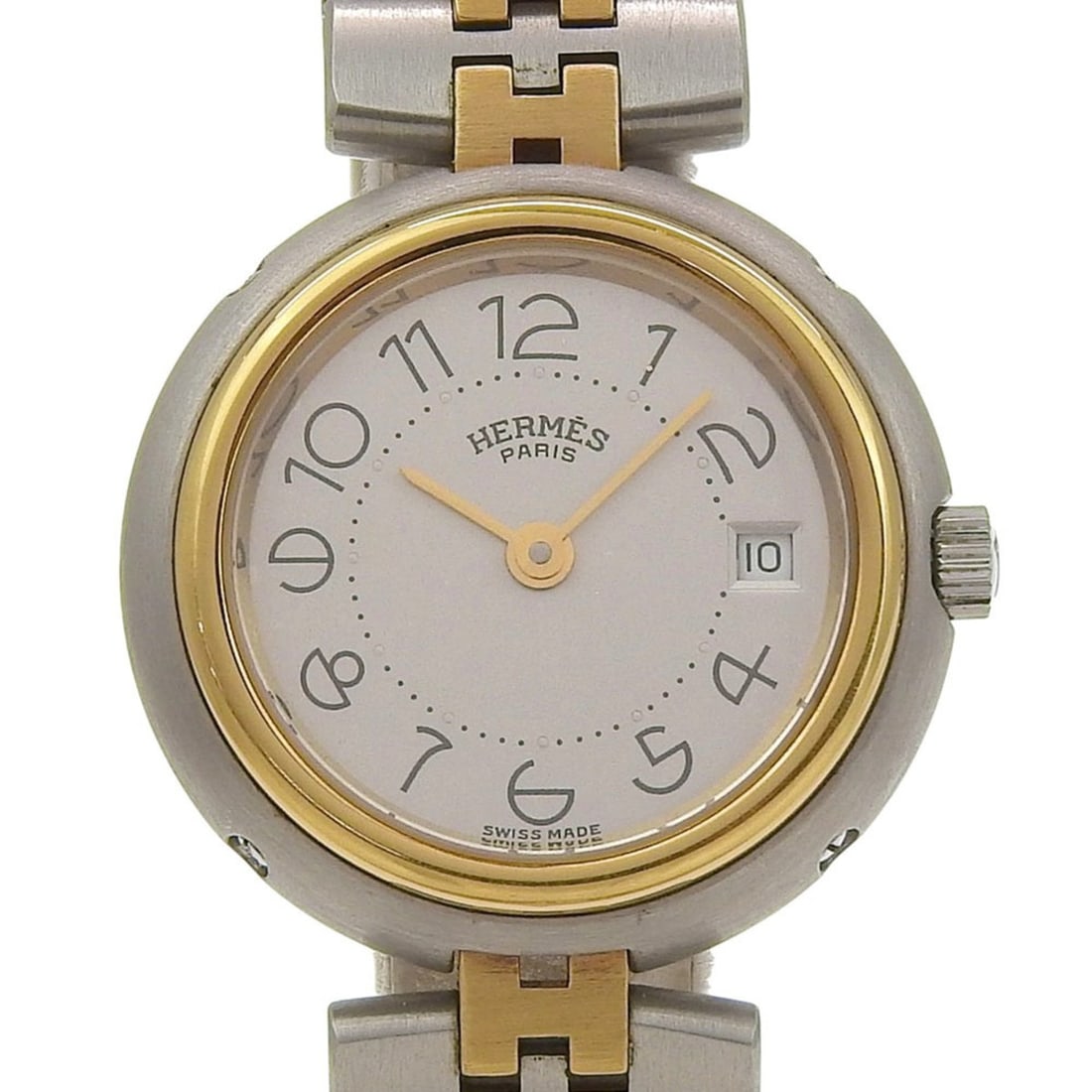 Hermès Profile watch, stainless steel, quartz movement, analog display, silver dial, women's: --- Catalog ---Category: SizeWrist Size: 16cm / 6.29''Case Diameter: 25mm / 0.98''Category: DesignType: WristwatchGender: WomenColor (Dial): SilverMaterial (Band): Stainless steelMaterial (Case): Stai